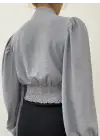 Omarı Gri Balon Kol Crop Bluz