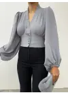Gri Düğmeli Arkası Lastikli Balon Kol Crop Kadın Giyim