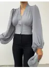 Omarı Gri Balon Kol Crop Bluz