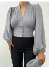 Gri Düğmeli Arkası Lastikli Balon Kol Crop Kadın Giyim