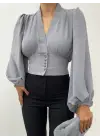 Omarı Gri Balon Kol Crop Bluz
