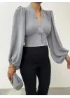 Gri Düğmeli Arkası Lastikli Balon Kol Crop Kadın Giyim