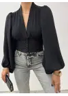 Omarı Siyah Crop Bluz - Arkası Lastikli, Düğmeli Sandy Kesim