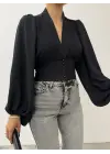 Siyah Düğmeli Arkası Lastikli Balon Kol Crop Kadın Giyim