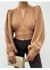Omarı Hafif Kumaşlı Vizon Crop Bluz