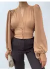 Omarı Hafif Kumaşlı Vizon Crop Bluz