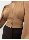 Omarı Hafif Kumaşlı Vizon Crop Bluz