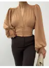Omarı Hafif Kumaşlı Vizon Crop Bluz