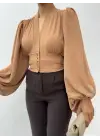 Omarı Hafif Kumaşlı Vizon Crop Bluz