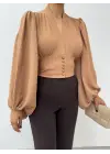 Omarı Hafif Kumaşlı Vizon Crop Bluz