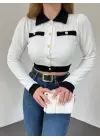 Beyaz Düğmeli Cep Detaylı Crop Hırka Kadın Giyim