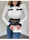 Omarı Modern Düğmeli Crop Hırka - Beyaz