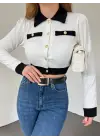 Düğmeli Cep Detaylı Crop Hırka -Beyaz
