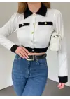 Omarı Modern Düğmeli Crop Hırka - Beyaz