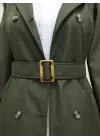 Düğmeli Kemerli Ara Boy Trençkot -Haki