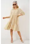 Düğmeli Kısa Kol Elbise 2559 - Krem