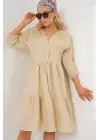 Düğmeli Kısa Kol Elbise 2559 - Krem