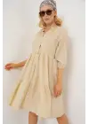 Düğmeli Kısa Kol Elbise 2559 - Krem