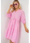 Düğmeli Kısa Kol Elbise 2559 - Pembe