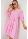Düğmeli Kısa Kol Elbise 2559 - Pembe