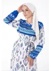 Omarı Mavi Etnik Desenli Elbise