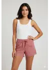 Düz Renk Mini Çiçek Desenli Penye Kadın Ev Şortu Bacak Dantel Detaylı Ev Giyim Pembe