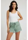 Düz Renk Mini Çiçek Desenli Penye Kadın Ev Şortu Bacak Dantel Detaylı Ev Giyim Yeşil