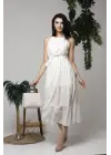 Ekru Halter Yakalı Kuşaklı Elbise