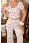 Ekru V Yaka Kısa Kollu Crop Pijama Takımı 7379