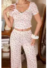 Ekru V Yaka Kısa Kollu Crop Pijama Takımı 7379