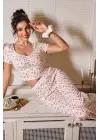 Ekru V Yaka Kısa Kollu Crop Pijama Takımı 7379