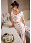 Ekru V Yaka Kısa Kollu Crop Pijama Takımı 7379