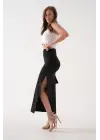 Omarı Siyah İnce Kumaş Uzun Etek - Yırtmaç Detaylı Moda Parçası