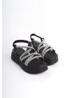 ELENA Lastikli Taşlı Şeritli Rahat tabanlı ayakkabı Tabaan Bayan Sandalet CGünlük Şık - Siyah