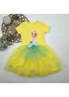 Omarı Elsa Desenli Fiyonklu Kız Çocuk Tütü Elbise Sarı