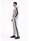 Erkek Şeritli Eşofman Takım Kapüşonlu Sweatshirt Boru Paça Alt, Oversize 3 Iplik Pamuklu - Gri