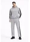 Erkek Şeritli Eşofman Takım Kapüşonlu Sweatshirt Boru Paça Alt, Oversize 3 Iplik Pamuklu - Gri