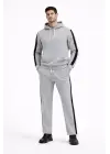 Erkek Şeritli Eşofman Takım Kapüşonlu Sweatshirt Boru Paça Alt, Oversize 3 Iplik Pamuklu - Gri