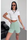Omarı Esnek Yüksek Bel Krep Şort - Su Yeşili