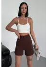 Omarı Esnek Likralı Yüksek Bel Kahverengi Krep Şort