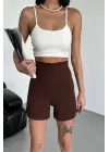 Omarı Esnek Likralı Yüksek Bel Kahverengi Krep Şort