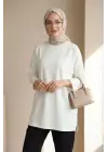 Eteği Kalp Detaylı Yırtmaçlı Salaş Penye Tunik  -Ekru