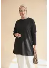 Eteği Kalp Detaylı Yırtmaçlı Salaş Penye Tunik -Siyah