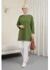 Eteği Kalp Detaylı Yırtmaçlı Salaş Penye Tunik -Yeşil