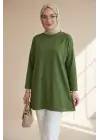 Eteği Kalp Detaylı Yırtmaçlı Salaş Penye Tunik -Yeşil