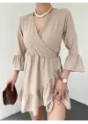 Omarı Fırfırlı Beli Lastikli Vizon Elbise
