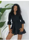 Eteği Ve Kolları Fırfırlı Beli Lastikli Ayrobin Elbise  -Siyah