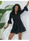 Eteği Ve Kolları Fırfırlı Beli Lastikli Ayrobin Elbise  -Siyah