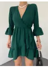 Eteği Ve Kolları Fırfırlı Beli Lastikli Ayrobin Elbise  -Zümrüt