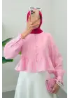 Omarı Taşlı Düğmeli Modal Kumaş Gömlek -Pembe